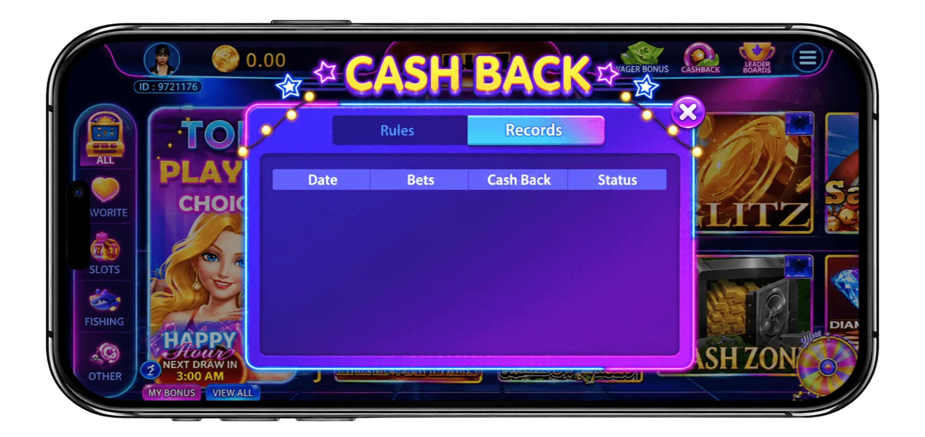 Juwa cash back bonus records screen showing date, bets, cash back and status