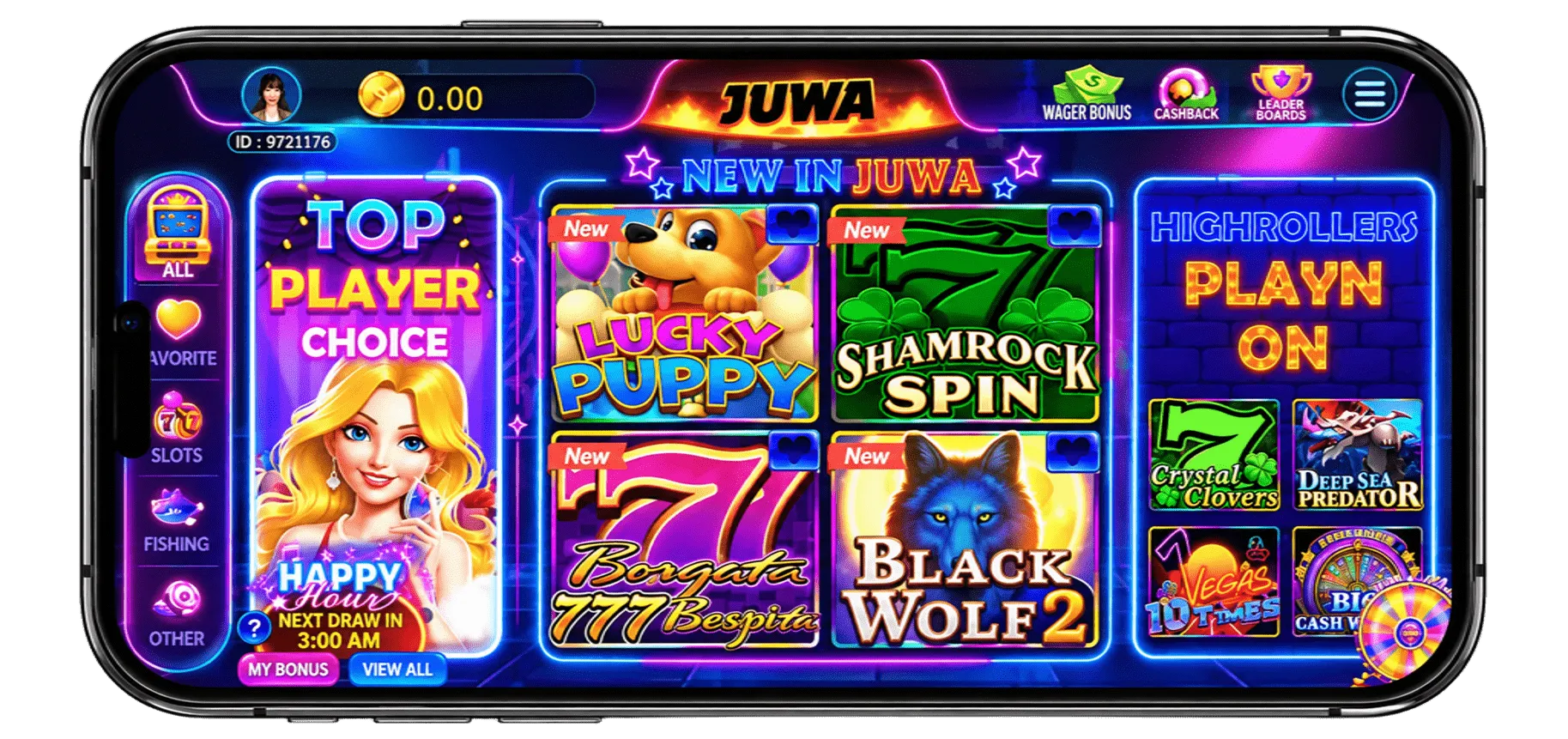 Juwa app game lobby with new games like Lucky Puppy, Shamrock Spin, Borgata 777 and Black Wolf 2