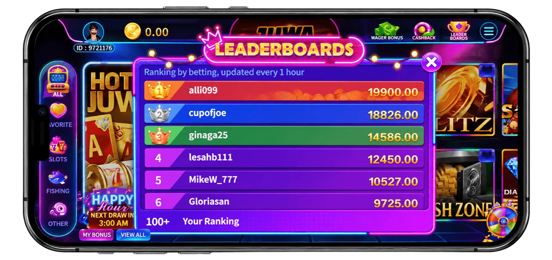 Juwa leaderboards screen showing top player rankings updated every hour
