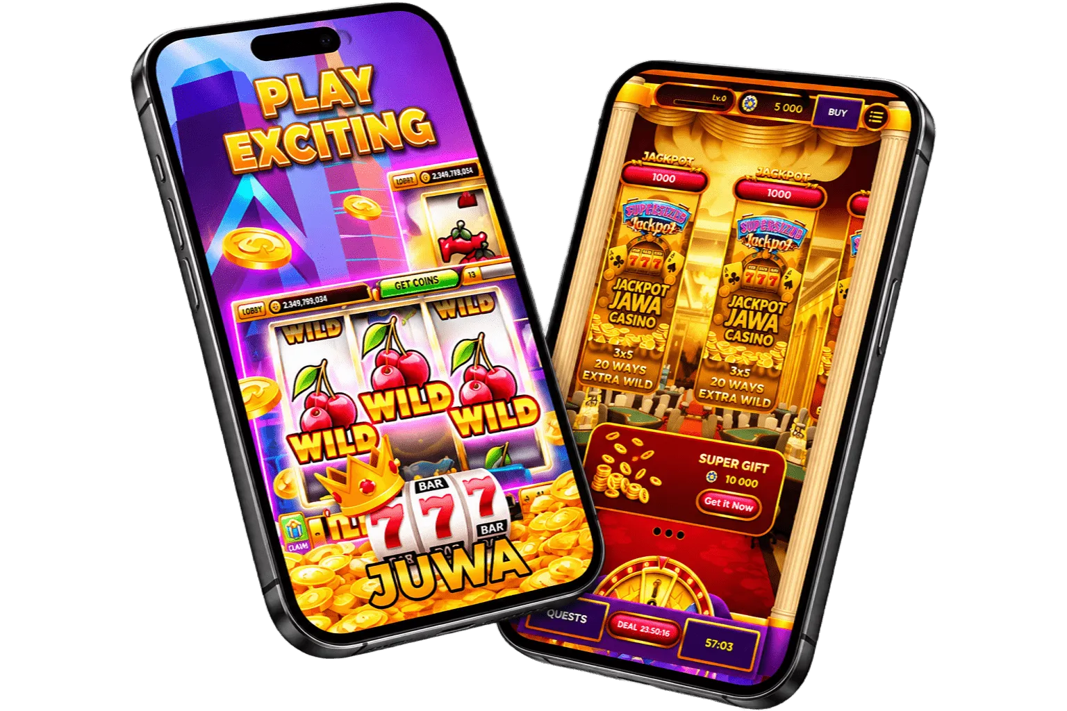 Juwa slot games on two mobile phones showing wild cherry slots and jackpot casino screen
